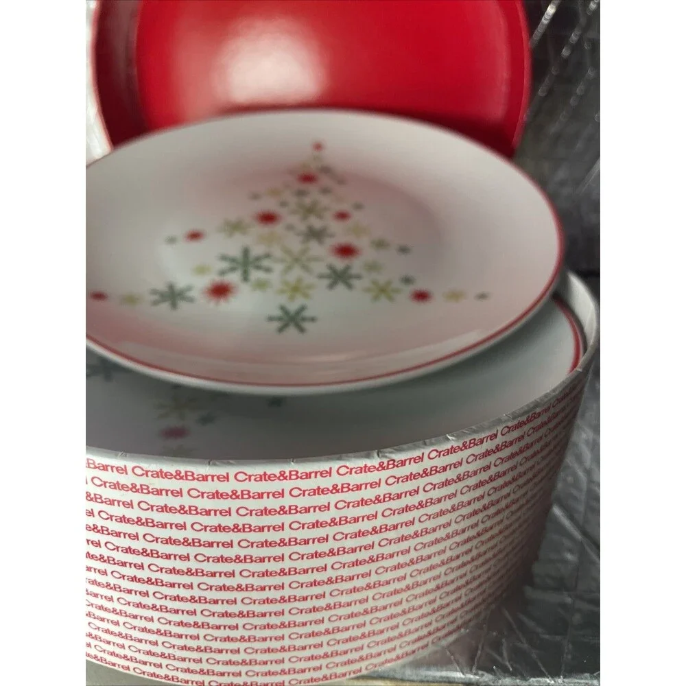 Crate & Barrel Salad Dessert Christmas Snowflake Christmas Tree Plates Set of 4